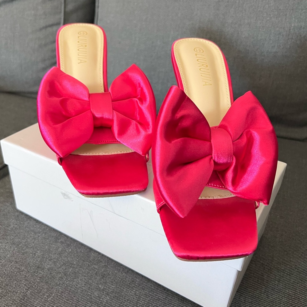 Liuruijia Women's Pink Bowknot Heel Mules